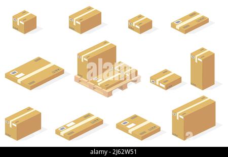 Parcels carton boxes on warehouse wooden pallets vector illustration. Isometric isolated set of storehouse cardboard packages with adhesive tape and p Stock Vector