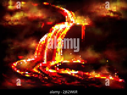 Flow of hot fluid lava, clouds of poisonous smoke and ash, toxic gases explosions during volcano effusive eruption, tectonic activity realistic vector Stock Vector