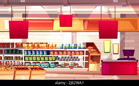 Supermarket and grocery food products on shelves vector illustration. No people on cartoon background with store display signs for fruits, vegetable a Stock Vector