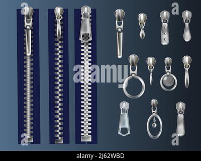 Set of metal, closed zippers on blue fabric tape and steel pullers with various eyelets realistic vector 3d illustration. Different form, silver faste Stock Vector