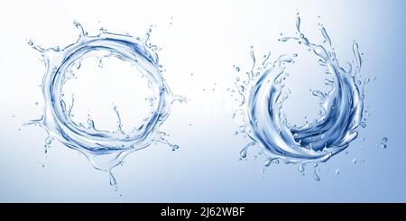 Vector 3d realistic set with blue water splashes, abstract shapes with drops, clean and transparent, isolated on background. Aqua splashing clipart fo Stock Vector
