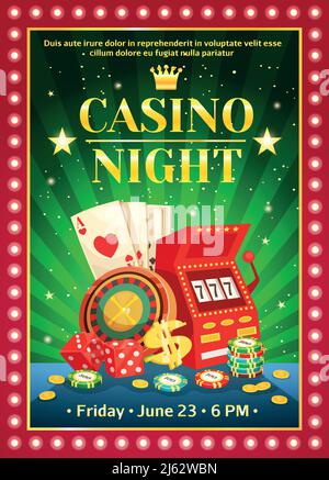 Night Casino bright poster with event date and game accessories flat cartoon vector illustration Stock Vector
