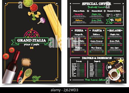 Italian restaurant menu with special offer for business lunch design elements on black background isolated vector illustration Stock Vector