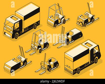 Commercial transport and hydraulic loading machines black line art, isometric vector set. Cargo lorry and various forklift, pallet trolley and fork tr Stock Vector