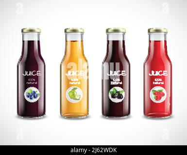 Collection of glossy glass bottles with fruit juice and round labels on white background isolated vector illustration Stock Vector