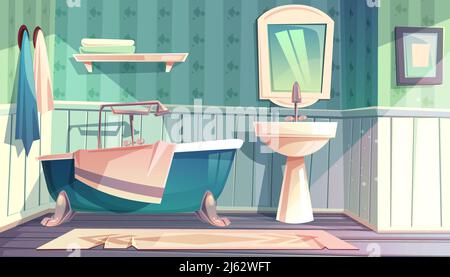 Bathroom interior in vintage French Provence style vector illustration. Cartoon background of rustic antique furniture, bathtub and sink backsplash wi Stock Vector