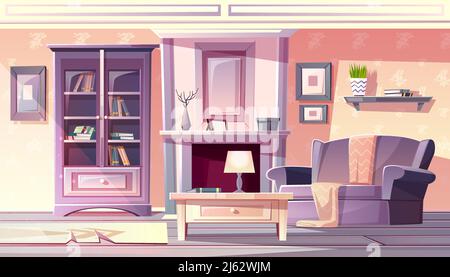 Living room interior vector illustration of apartment in vintage French Provence cozy comfortable style. Modern furniture bookshelf, armchair with bla Stock Vector