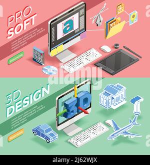 Graphic 3d design and various tools for work of designer horizontal isometric banners set isolated vector illustration Stock Vector