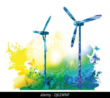 Wind turbines ecological alternative green energy generation Stock Vector