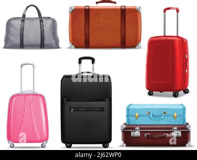 Business and family vacation travel luggage with handbag baggage modern and retro items collection realistic vector illustration Stock Vector
