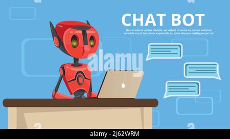 Vector cartoon chat bot poster background template. Illustration with robot assistant, artificial intelligence technology chatterbot help digital comm Stock Vector
