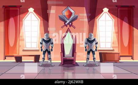 Medieval castle throne room or ballroom interior with knights in armor on both sides of kings throne and shield with crossed swords from above cartoon Stock Vector