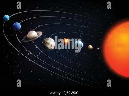 Realistic space background with all planets of the solar system on black fond vector illustration Stock Vector