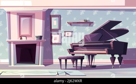 Living room interior in classic style with fireplace, grand piano and paintings or family photos in wooden frame on wall with floral pattern cartoon v Stock Vector