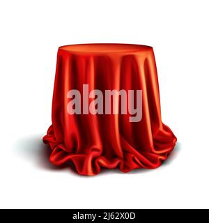 Vector realistic box covered with red silk cloth isolated on white background. Empty stand or table with tablecloth to show magic tricks. Secret gift, Stock Vector