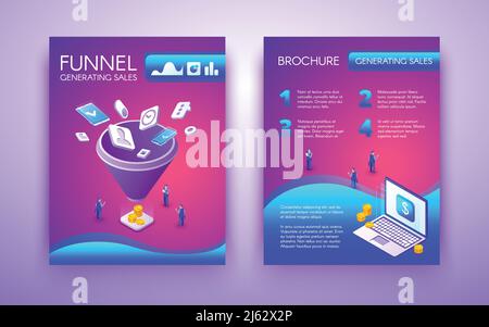 Funnel generating sales business brochure, flyer isometric vector template in vibrant, fluorescent colors with clients purchasing goods, choosing cont Stock Vector