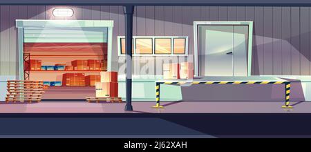 Industrial warehouse service entrances cartoon vector with open roll gates, loading, unloading ramp and boxes on shelves inside illustration. Delivery Stock Vector