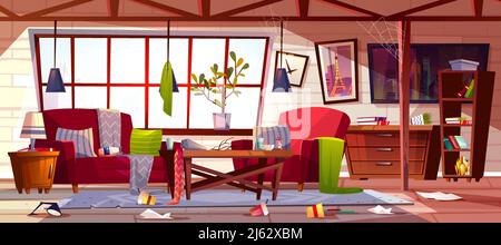 Messy living room with dirty dishes on table, spider web on ceiling and clothes scattered on stained carpet cartoon vector illustration. Household cha Stock Vector
