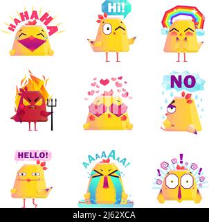 Funny chicken favorite cartoon character icons collection with happy love and smile images isolated vector illustration Stock Vector
