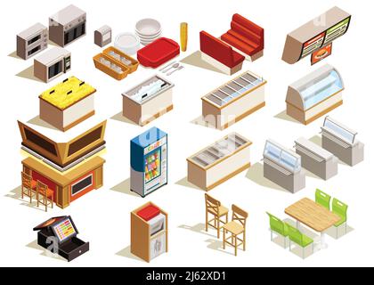 Isometric food court interior elements set with furniture kitchen equipment dishes refrigerated counters seats and tables vector illustration Stock Vector