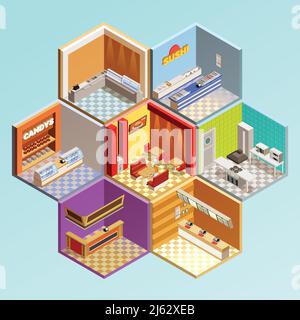 Food court composition with seven isometric cafe restaurant room interiors in tesselar pattern candys sushi bar vector illustration Stock Vector