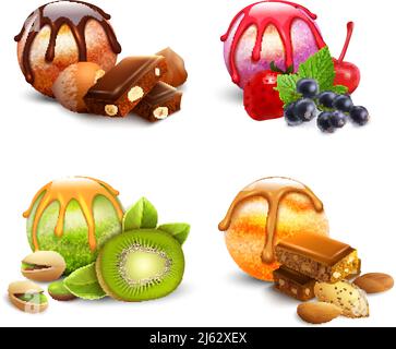 Set of isolated ice cream scoop assortment images with jam berries chocolate kiwi and nuts toppings vector illustration Stock Vector