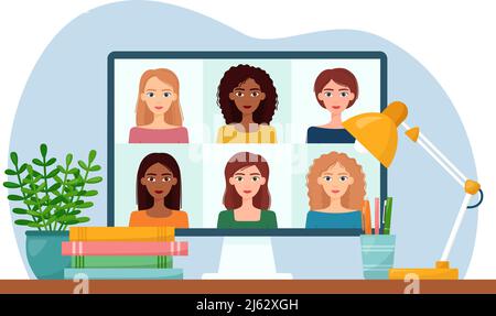 Online meeting via video conference. Women connecting together, learning or meeting online, remote working. Vector illustration Stock Vector