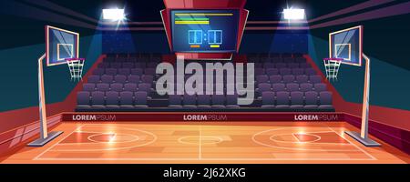 Basketball court with wooden floor, scoreboard on ceiling and empty fan sector seats cartoon vector illustration. Modern indoor stadium illuminated wi Stock Vector