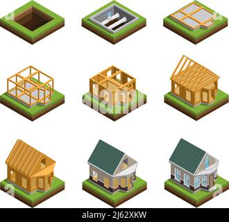 House construction phases isometric icons set isolated vector illustration Stock Vector