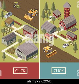 Isometric vertical banners with farm vehicles cultivated lands agricultural buildings garden beds and tracks isolated vector illustration Stock Vector