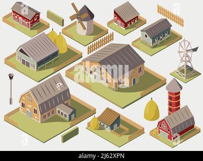 Set of isometric farms with mills barn and silo hay fence and street lamp isolated vector illustration Stock Vector