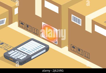 Vector modern barcode scanner reads box on storage. Contemporary rfid technology for warehouse with radio waves. Cartoon electronic device for shippin Stock Vector