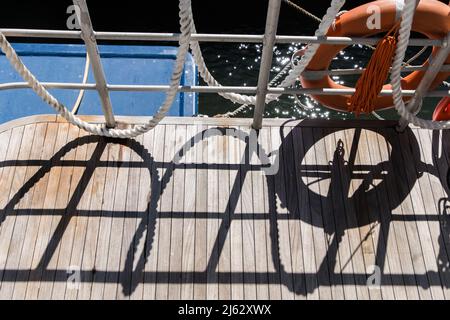 Ropes and life vests over a fisherman boat at Punta del Este harbour Stock Photo