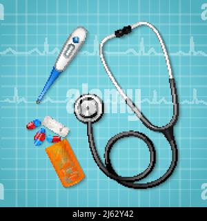 Realistic medical equipment composition with binaural stethoscope pills pack and thermometer on cardiac waveforms clinical background vector illustrat Stock Vector