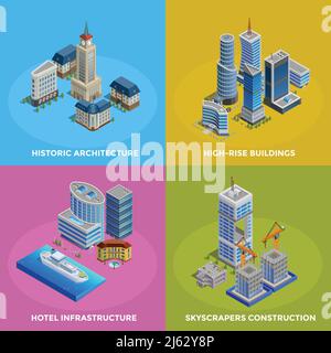 Isometric city 2x2 icons set with different kinds of historic and modern buildings and hotel infrastructure isolated vector illustration Stock Vector