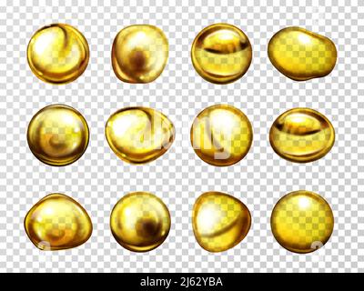 Vegetable oil, engine lubricant or honey various forms drops with light reflections 3d vector set isolated on transparent background. Liquid food prod Stock Vector