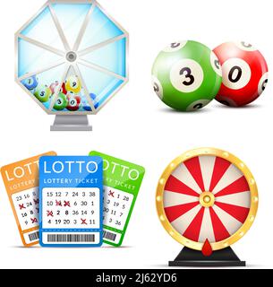 Lottery set with isolated images of number balls lucky dip lottery machine and playslip tickets vector illustration Stock Vector