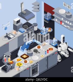 Robot isometric professions composition with robotic manipulator cook and waiters serving food in restaurant kitchen interior vector illustration Stock Vector