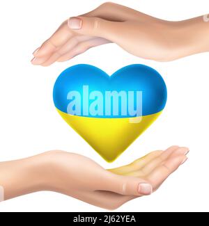 3d realistic vector icon. Ukrainian peace flag in shape of heart with realistic two hands holding it from top and bottom. Stock Vector