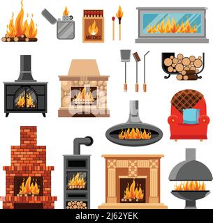 Flat icons set with various types of fireplaces tools for lighting fire and armchair isolated on white background vector illustration Stock Vector