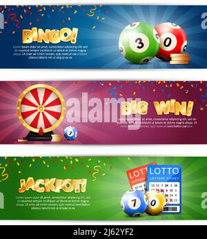 Set of three lottery horizontal banners with bulletin tickets bingo balls drawing machine and editable text vector illustration Stock Vector