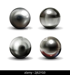 Set of steel or silver balls with shadows from below realistic vector isolated on white background. Shiny, metallic spheres with various light reflect Stock Vector