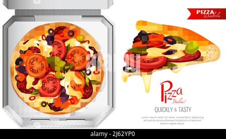 Detailed realistic pizza brand concept with cumbersome pizza slice image and carton box set for takeaway vector illustration Stock Vector