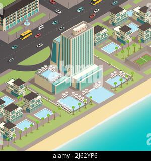 Isometric fragment of city landscape with multistory building of luxury hotel in coastal area vector illustration Stock Vector