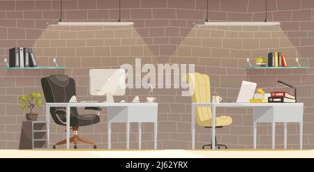 Modern lighting design solutions for offices comfortable and creative workspace environment cartoon poster brick wall background vector illustration Stock Vector