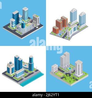 Modern city isometric compositions with commercial buildings and residential houses road infrastructure and transportation isolated vector illustratio Stock Vector