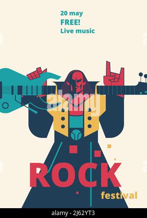 Rock music live festival poster vector illustration for concert placard or entry ticket, advertisiement flyer. Flat cartoon design template rocker man Stock Vector