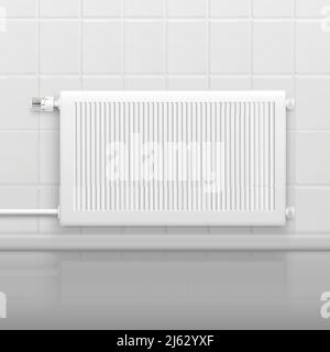 Hor water radiator heating with temperature control knob on tiled wall side view realistic image vector illustration Stock Vector