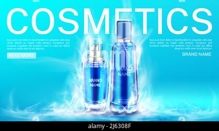 Cosmetics bottles in dry ice smoke landing page mockup background. Cooling beauty cosmetic product tubes, makeup remover, cream, tonic ad promo poster Stock Vector