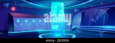 Futuristic school hallway interior at night. Vector cartoon background of empty corridor with lockers and round hologram with adverts in college, univ Stock Vector